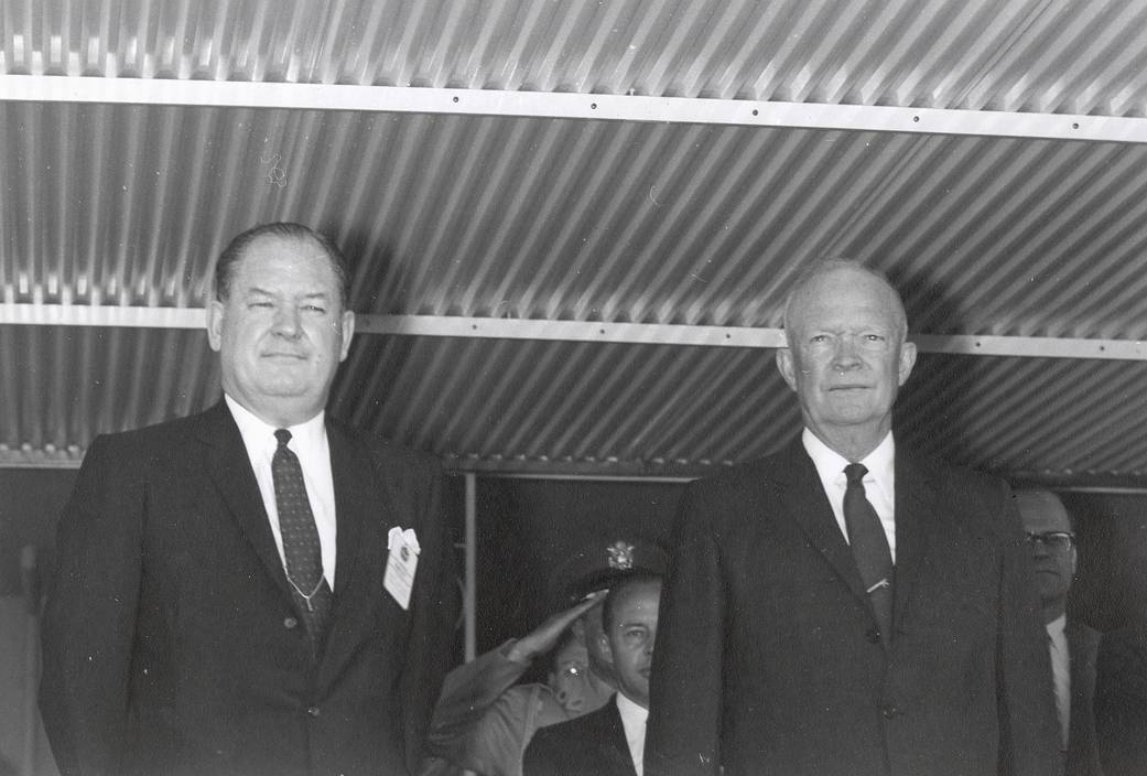 President Dwight D. Eisenhower (right) standing with T. Keith Glennan (left) during the Marshall Center dedication ceremony.