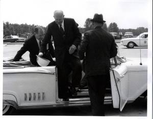 President Dwight D. Eisenhower during tour of Marshall with NASA Administrator T. Keith Glennan (left).