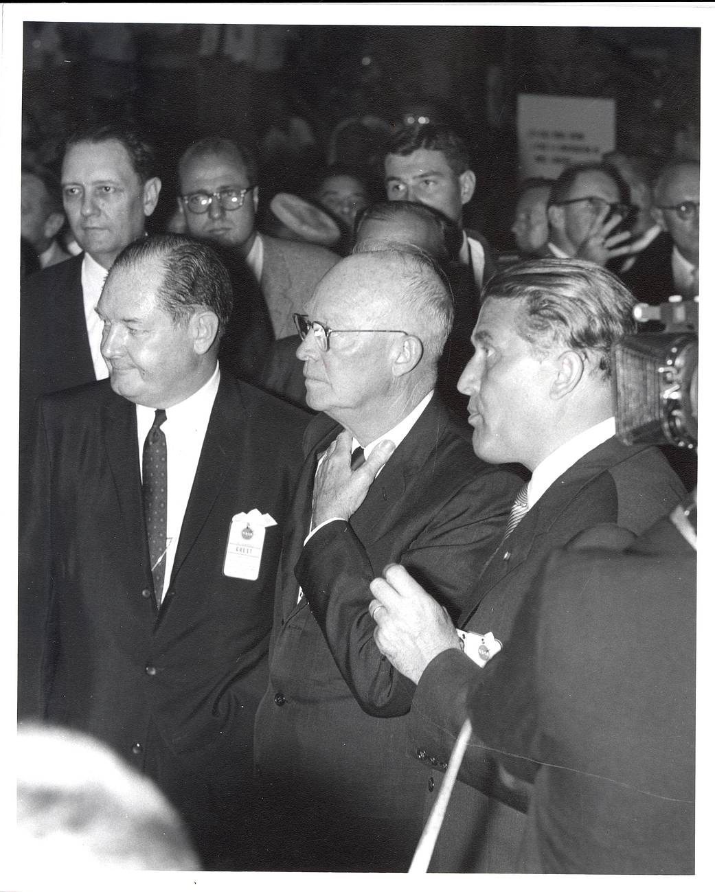 Dr. Wernher von Braun (right) briefs President Dwight D. Eisenhower (center) at Marshall with T. Keith Glennan (left).