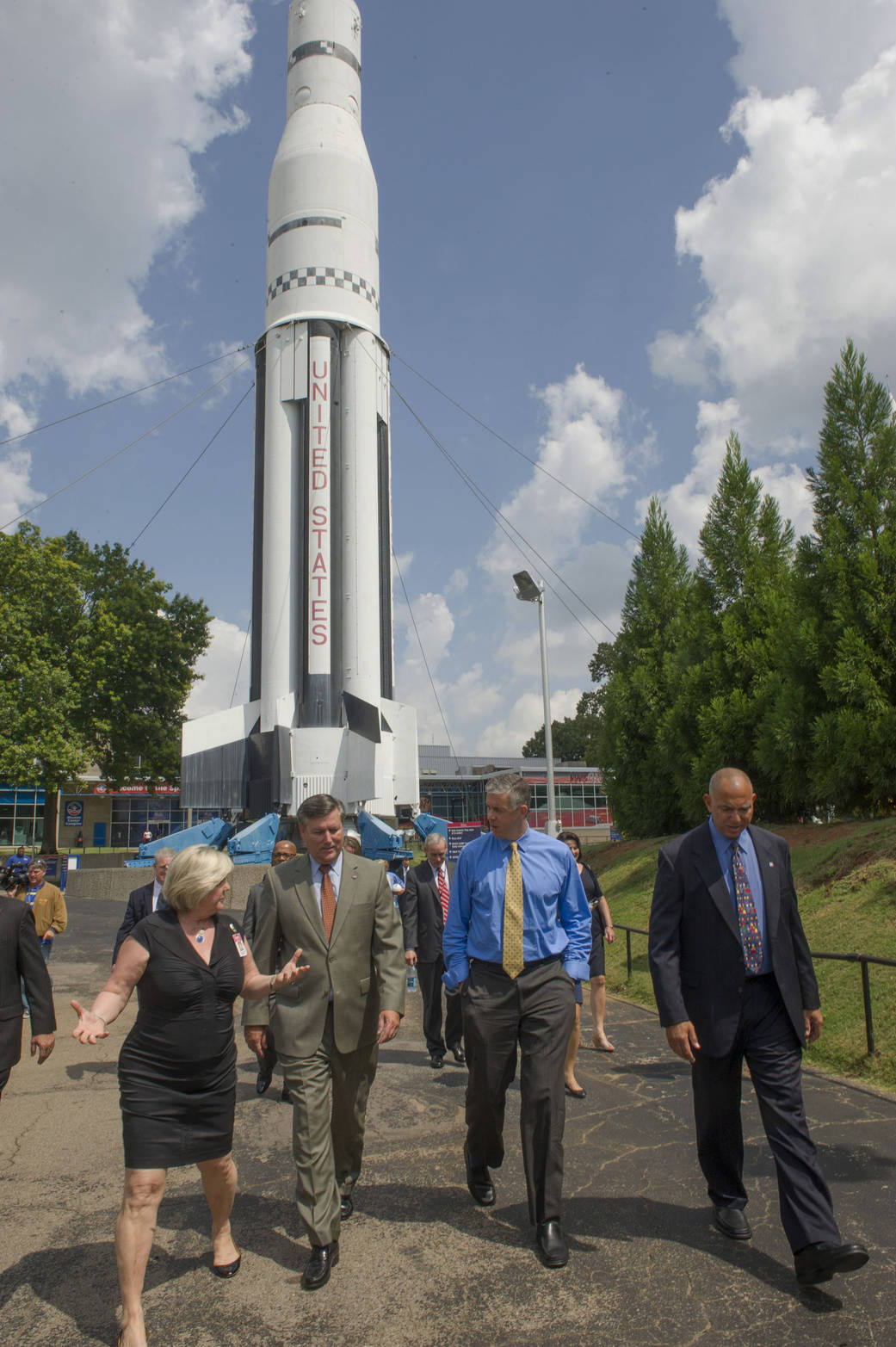 From left, U.S. Space & Rocket Center CEO Dr. Deborah Barnhart and Marshall Center Director Patrick Scheuermann discuss NASA’s