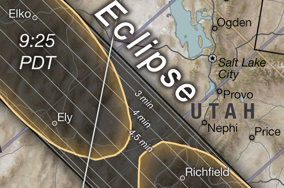 A close-up view of the map shows the 2023 annular solar eclipse path over the states of Nevada and Utah.