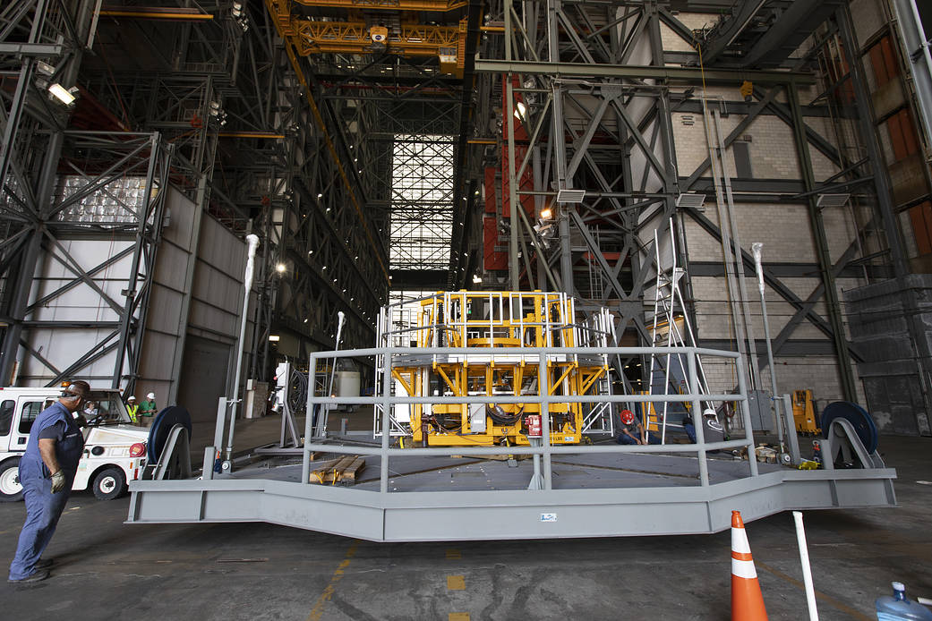 The engine vertical installer for the Space Launch System arrives at Kennedy Space Center in Florida on April 25, 2019.