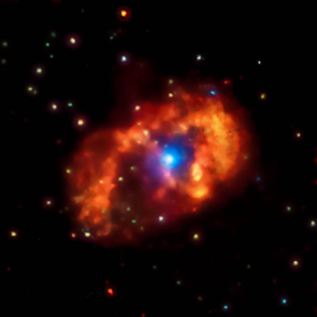 Chandra image of Eta Carinae showing low energy X-rays in red, medium energy X-rays in green, and high energy X-rays in blue.