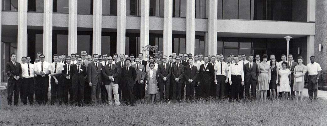 Group photo of NASA’s Marshall Space Flight Center Aero-Astrodynamics Laboratory taken in 1967. Bauer is located center front.