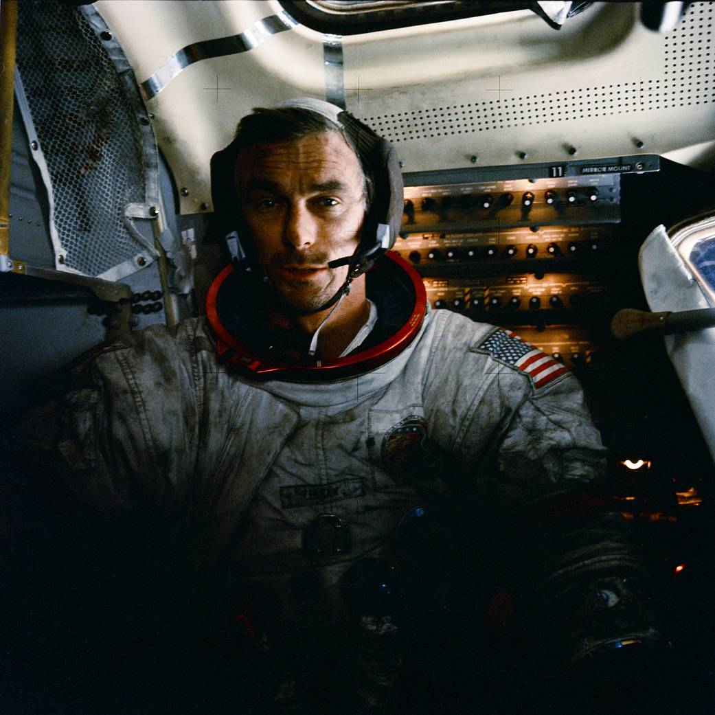 NASA astronaut commander Eugene Cernan inside the lunar module on the Moon after his second moonwalk of the Apollo 17 mission. H