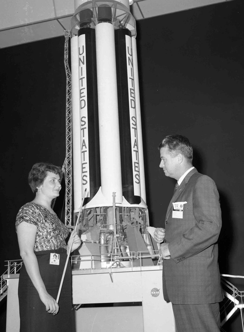 Curator Evelyn Falkowski with Alabama politician, James Douglas Martin at the Space Orientation Center.