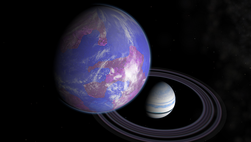 Artist's impression of a hypothetical Earth-like moon and Saturn-like exoplanet.