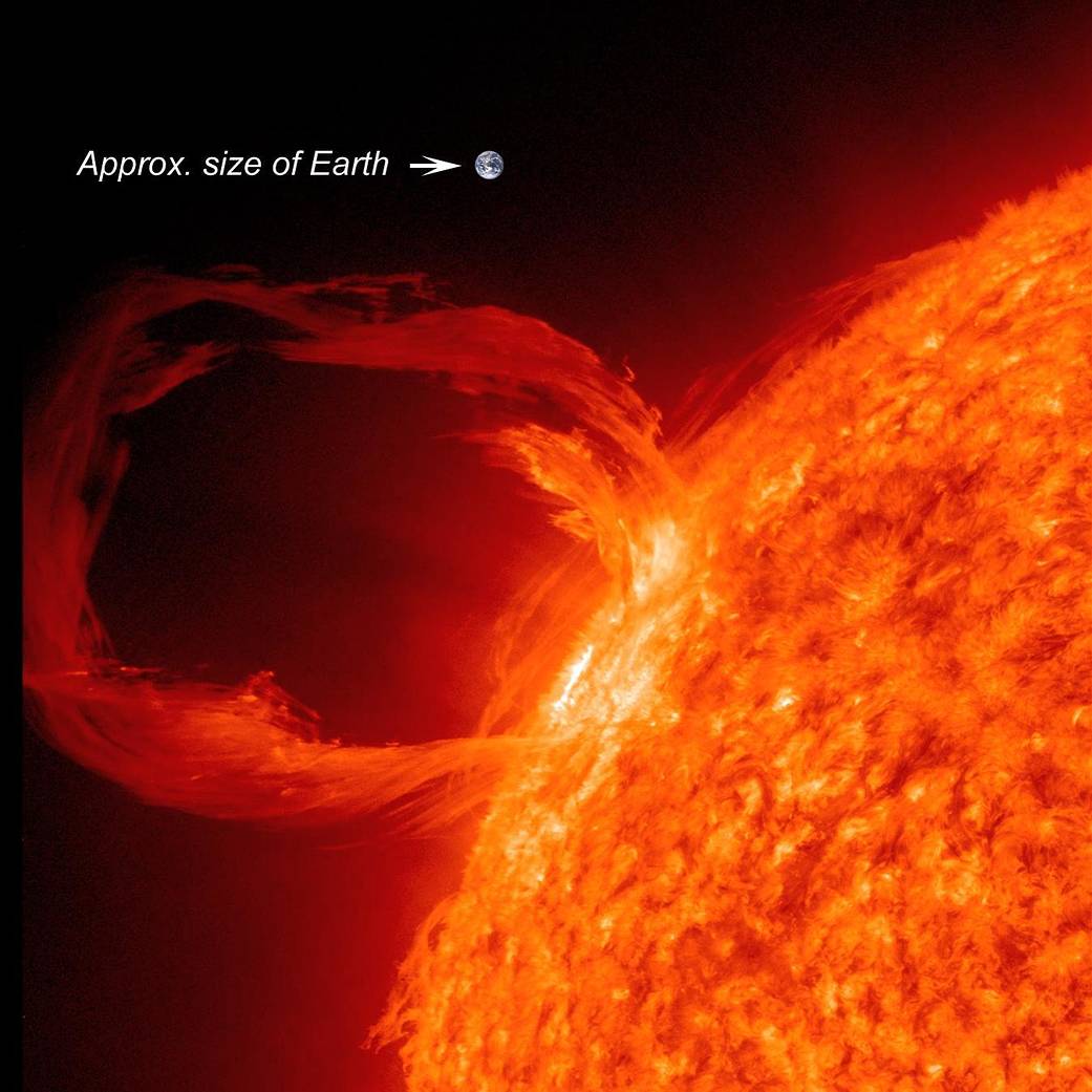 a solar prominence eruption with Earth provided for scale.