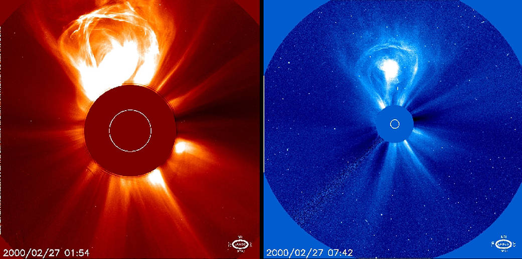 A CME as seen by the coronographs aboard SOHO on Feb. 27, 2000.