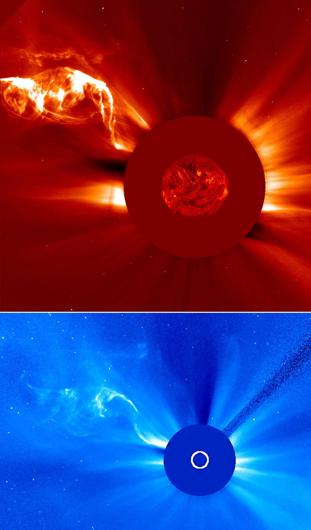 An elongated solar filament that extended almost half the Sun's visible hemisphere erupted into space.
