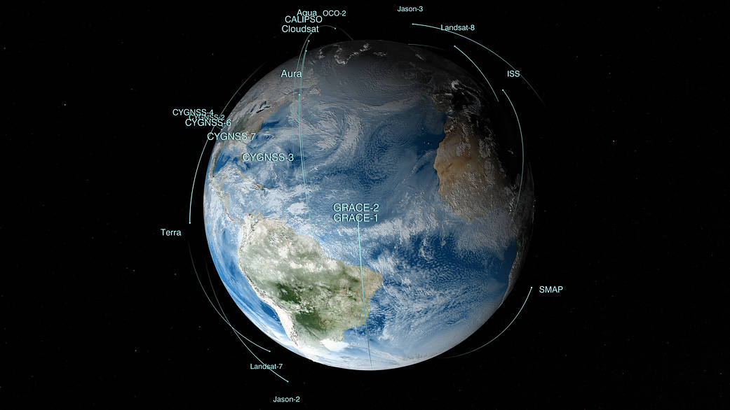 Visualization of Earth with NASA satellite fleet in orbit
