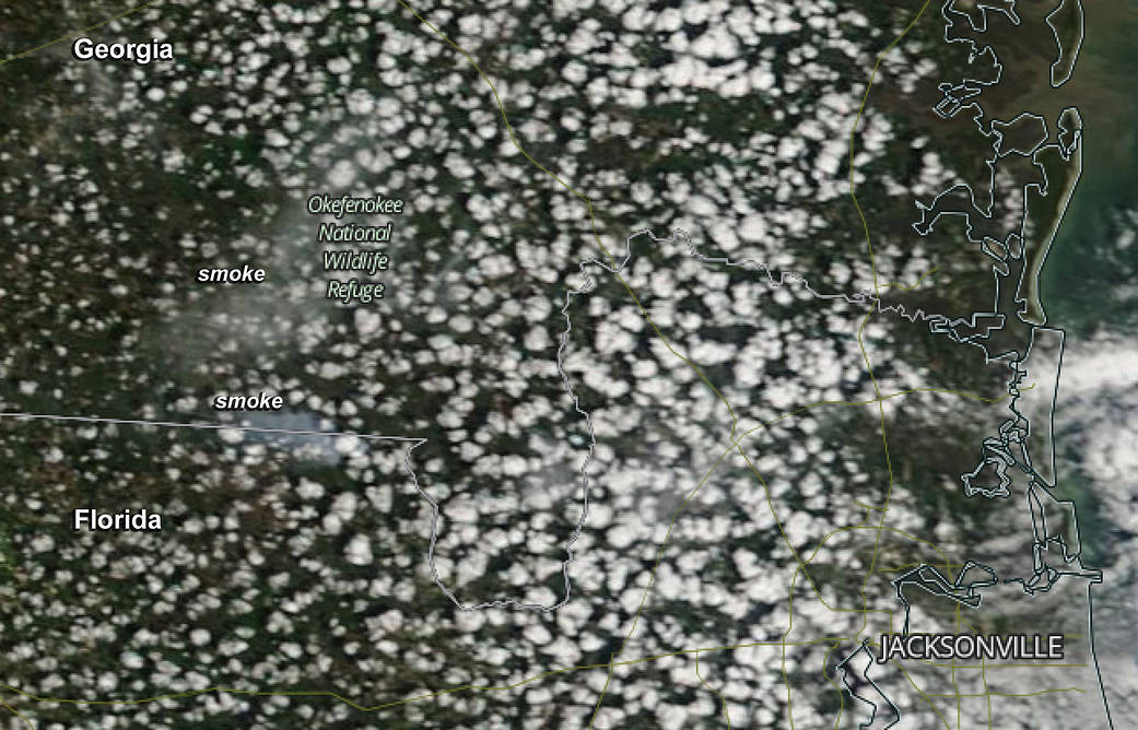 Plumes of smoke were spotted by NASA's Terra satellite as they streamed from the West Mims Fire near the Florida/GA border.