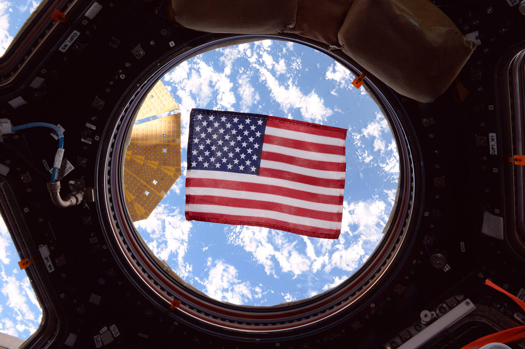 American flag in cupola window