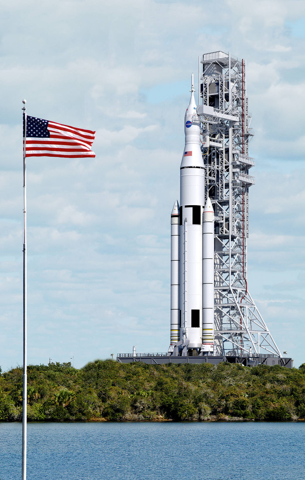 Artist's concept of Space Launch System 70-ton configuration on the launchpad, with American flag.