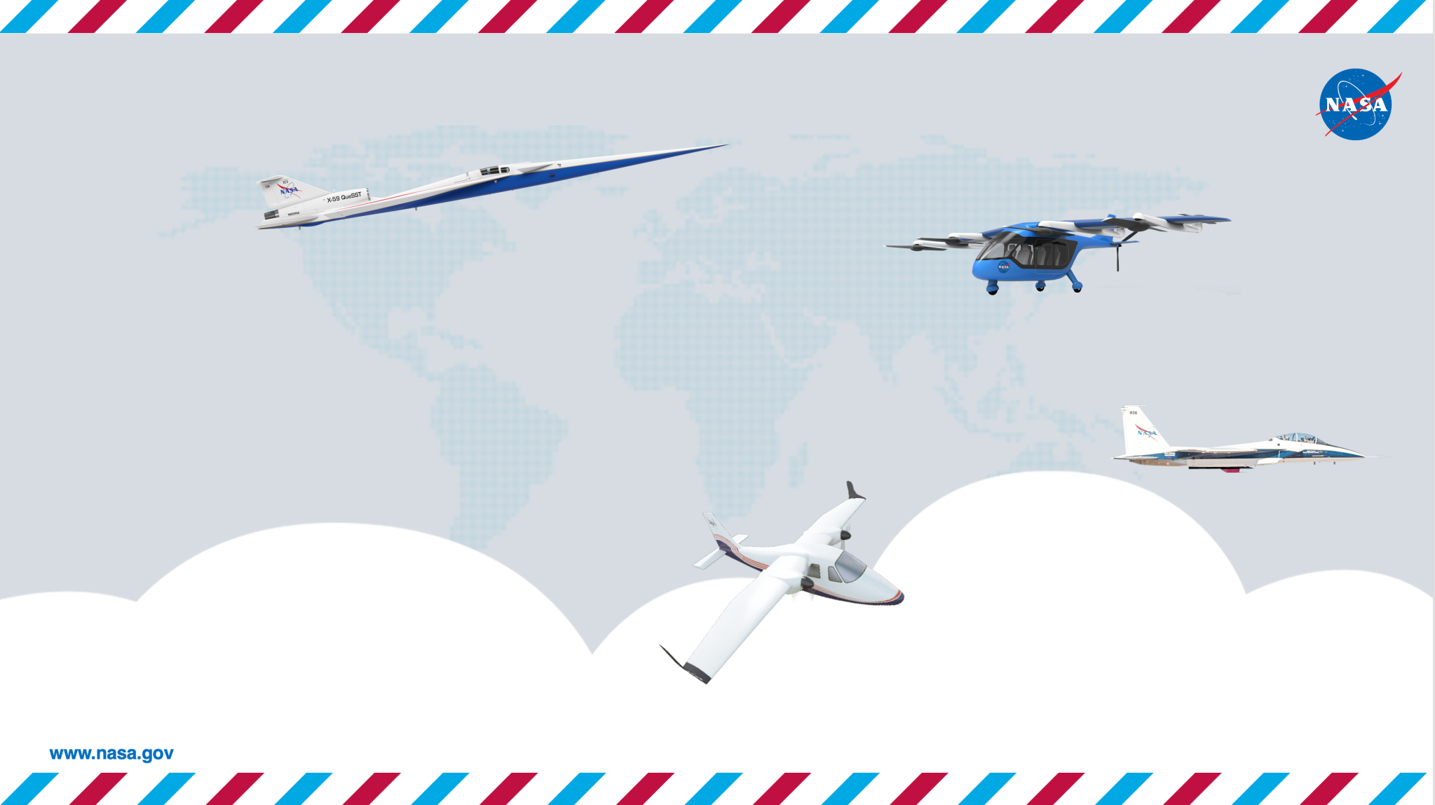 A graphic showing different Aeronautics research aircraft, an unmanned passenger eVTOL, an electric airplane, the X-59 and an F-15 with red and blue stripes on the top and bottom.
