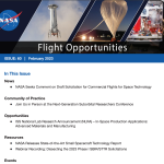 A view of the Feb. 2023 Flight Opportunities newsletter; sections include news, community of practice, opportunities, resources, and events
