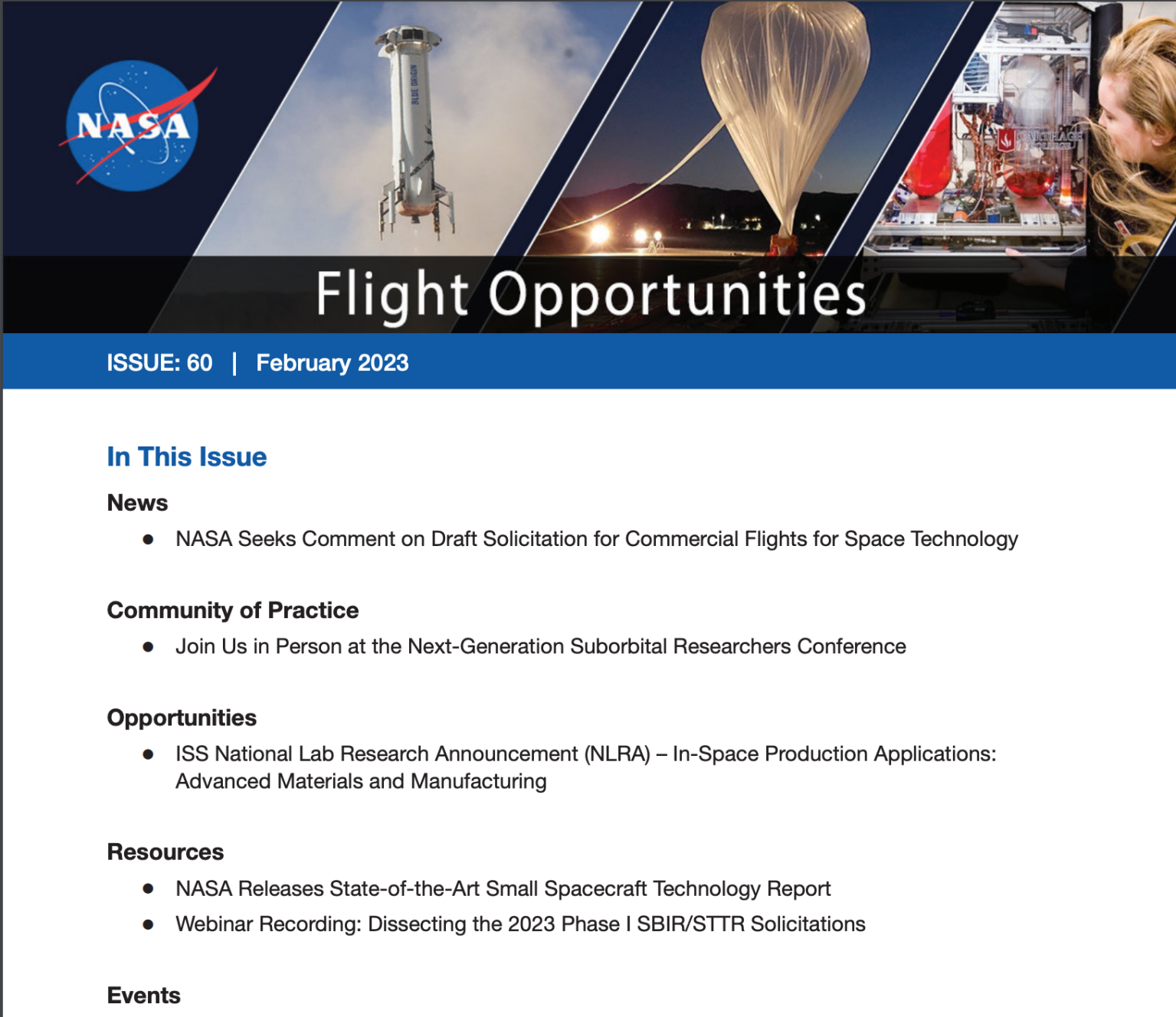 Feb. 2023 Flight Opportunities newsletter; sections include news, community of practice, opportunities, resources, and events