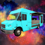 A blue food truck floating in space.