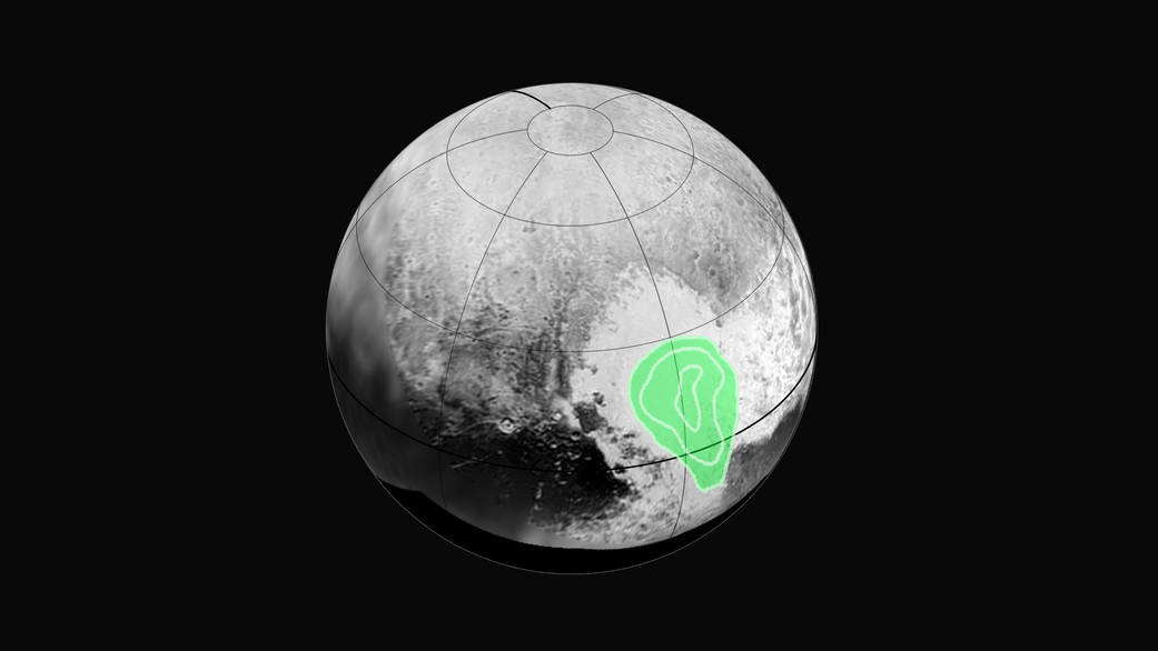 Pluto with focus on "heart" region in lower right