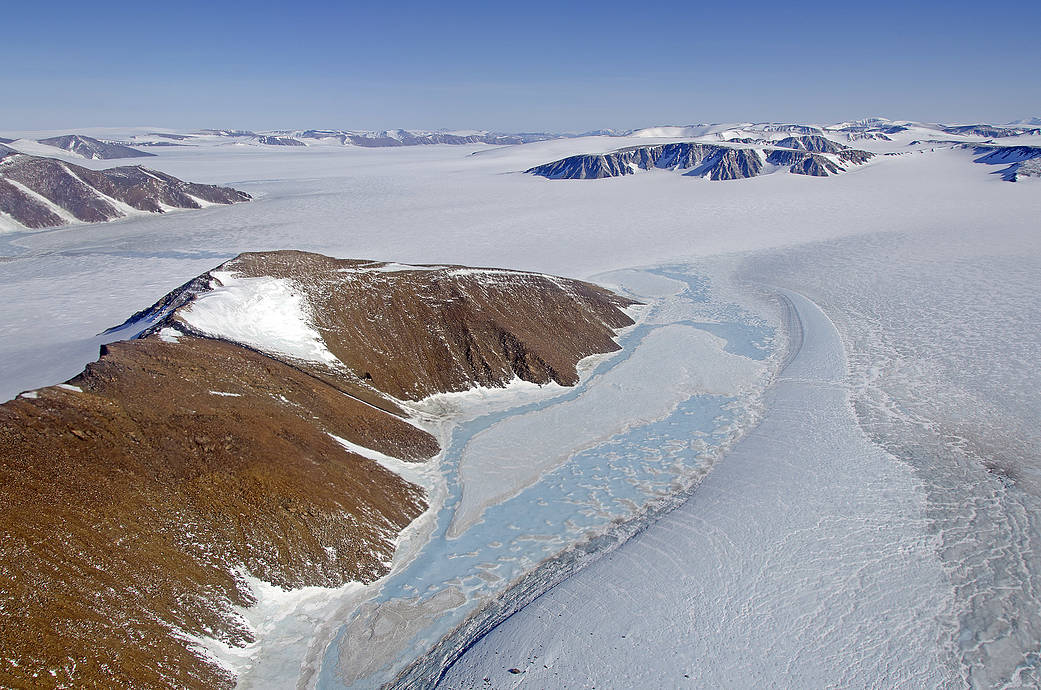 Refrozen meltwater ponds in northeast Greenland seen during an April 2013 IceBridge flight.