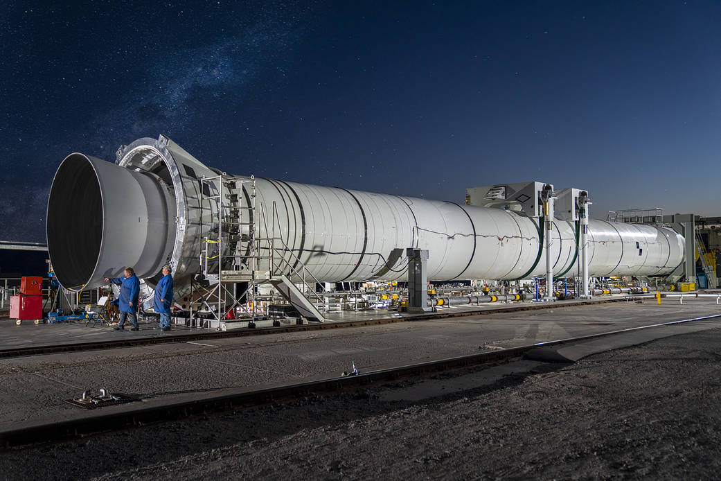 Teams installed the flight support booster for future versions of the SLS rocket’s solid rocket boosters into a test stand in Promontory, Utah. 