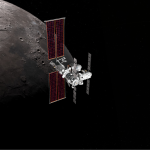 Screenshot from the new Gateway web interactive showing a detailed model of the Gateway lunar space station in orbit around the Moon. The image highlights Gateway's solar arrays and modular structure, with the lunar surface visible in the background.