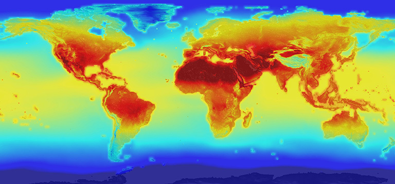 Neon World Map showing bright blue on the edges followed by teal and yellow. The countries are red and orange to show different heat factors.