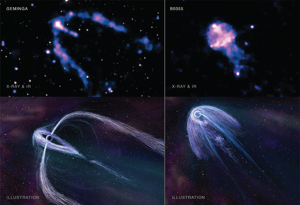 This four-panel graphic shows two pulsars observed by Chandra. 
