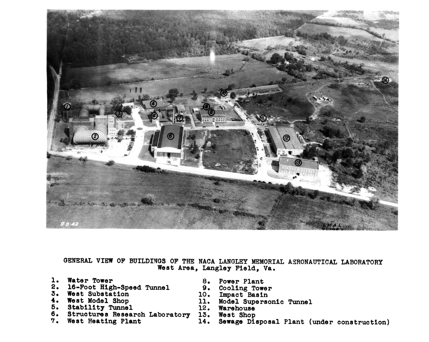 This is an aerial photo of NASA Langley Research Center in 1942.