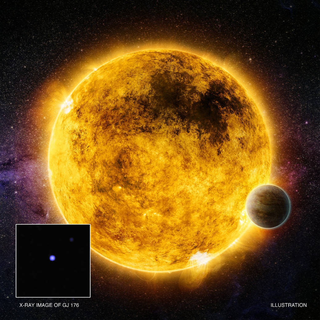 Artist illustration of of possible planet-hosting star with inset Chandra data of one of the observed stars called GJ176-525px.