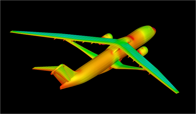 Computer generated image of a transonic truss-braced wing. The red and orange areas represent higher drag and the green and blue areas represent lower drag.