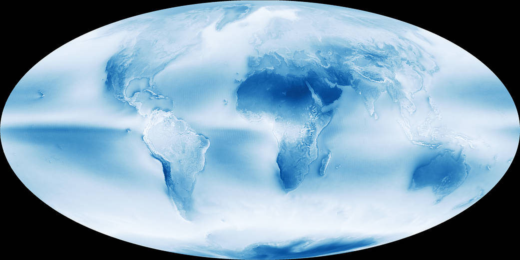 Map of globe with shades from dark blue to white mapping global clouds