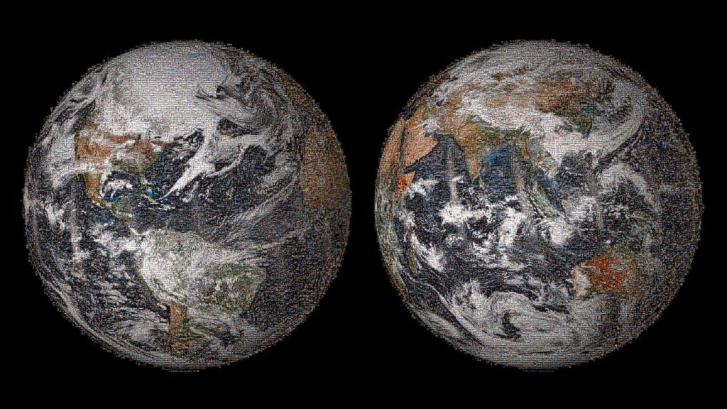 Two images of the Earth, side by side, compiled from 36,422 individual photos that were posted on social media and tagged #globalselfie on or around April 22, 2014. The Earth appears in shades of green and brown, with swirling white clouds over the top and dark blue oceans. The background is solid black.