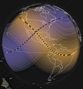 A globe shows the Americas. A black and yellow band crosses North, Central, and South America. Yellow shaded bands run parallel to it. A black and purple band crosses the South Pacific Ocean and over North America. Purple shaded bands run parallel to it.
