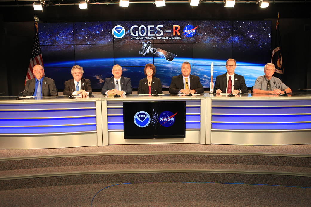 NASA and industry leaders participate in a GOES-R prelaunch press conference Nov. 17 at NASA's Kennedy Space Center.