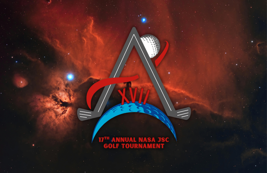 17th Annual NASA JSC Golf Tournament logo in from of a red nebula background.