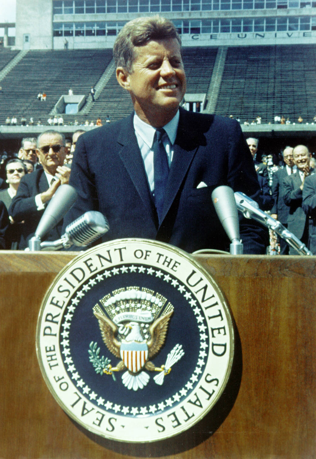 President Kennedy speaks before a crowd of 35,000 people at Rice University in the football field on Sept. 12, 1962. 