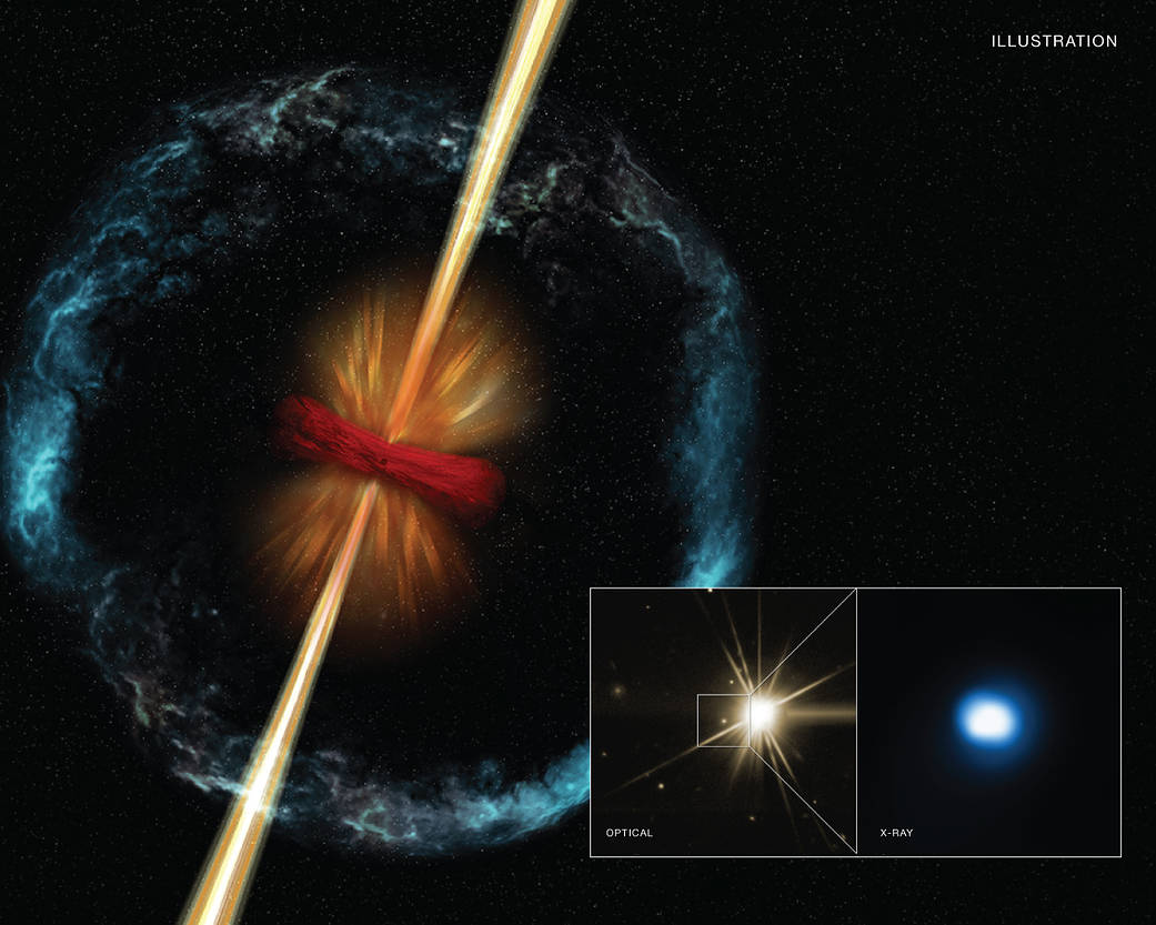 Illustration showing the aftermath of a neutron star merger, including the generation of a gamma-ray burst (GRB).