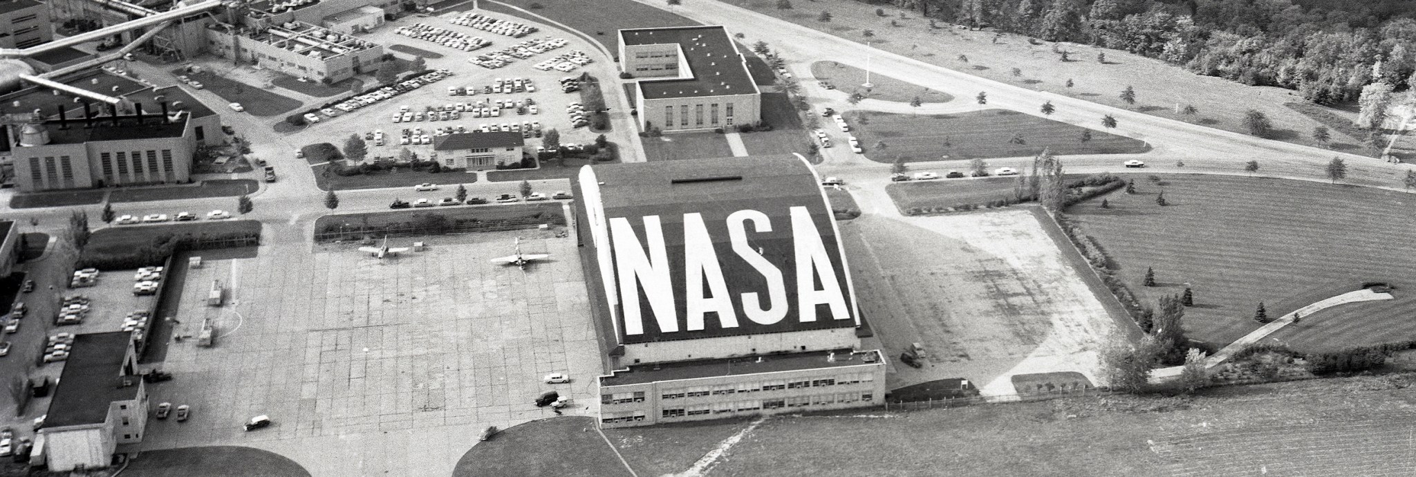 Aerial view of NASA hangar roof.