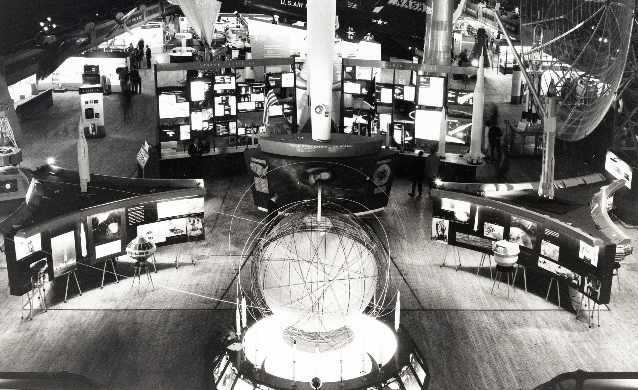 Overhead view of space exhibits.