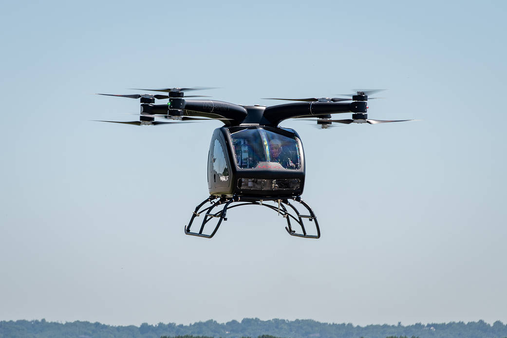 The Moog SureFly aircraft hovers above Cincinnati Municipal Airport during an acoustic hover test.