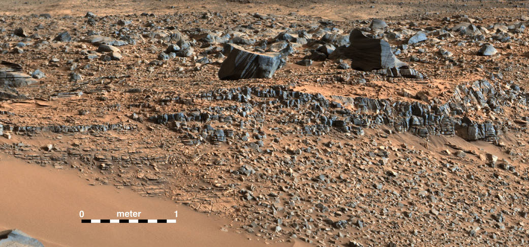 Strata exposed along the margins of the valleys in the "Pahrump Hills" region on Mars