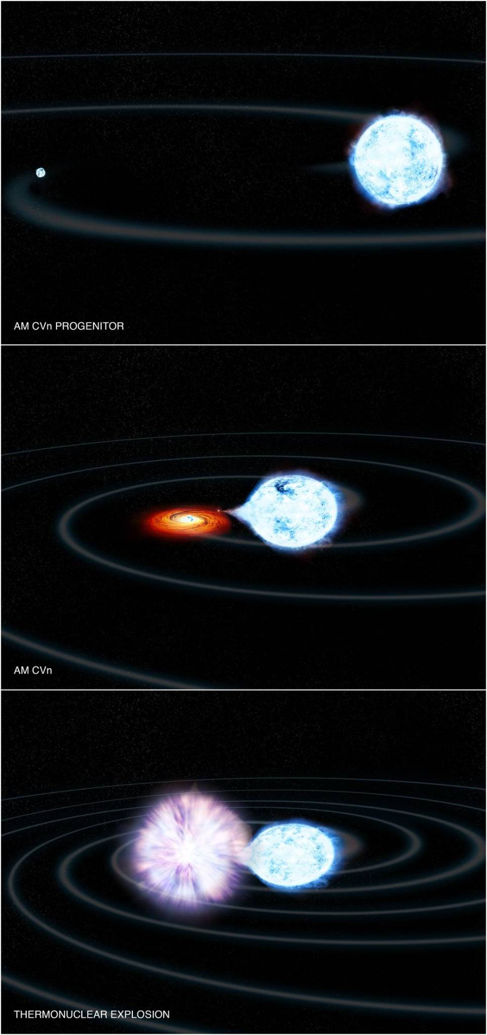 The artist’s illustration depicts white dwarf systems and what may happen to them in the future. 