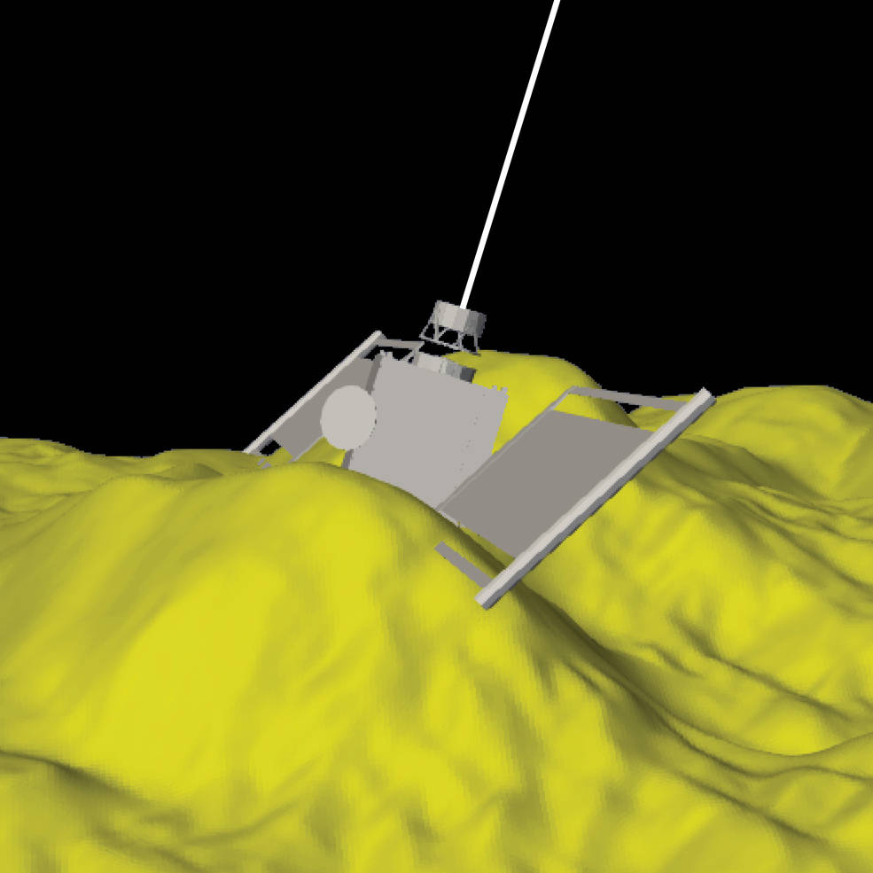 The yellow surface is a digital terrain model of the impact site made from DART images, and the rendering of the DART spacecraft depicts its position a few tens of microseconds before impact. 