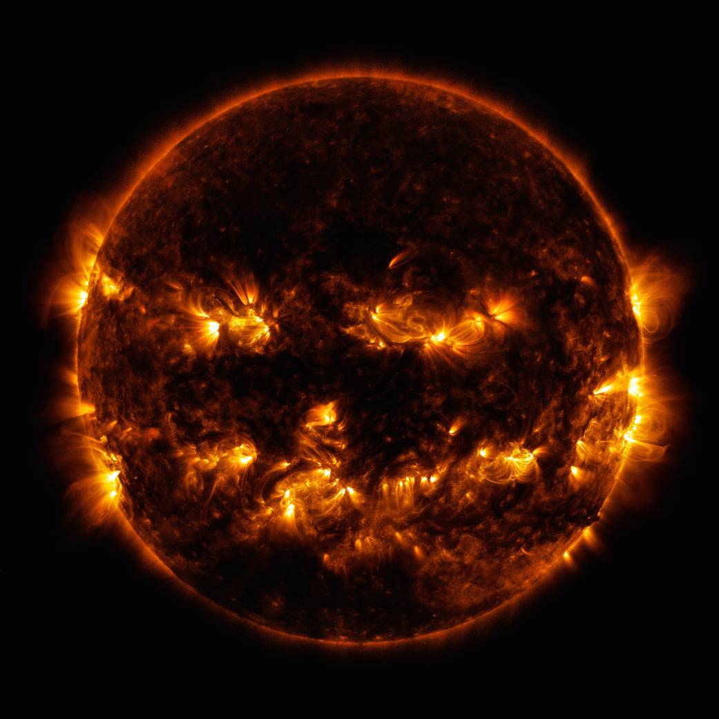 NASA’s Solar Dynamics Observatory image of Oct. 8, 2014, looks a little like a Jack-o-lantern.