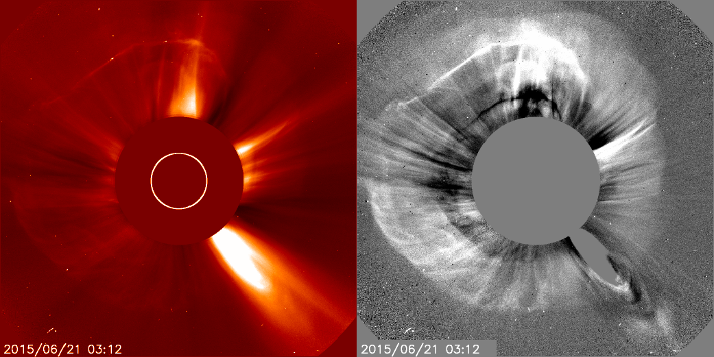 Two views of a Halo CME as seen by SOHO's LASCO C2 instrument on June 20, 2015.