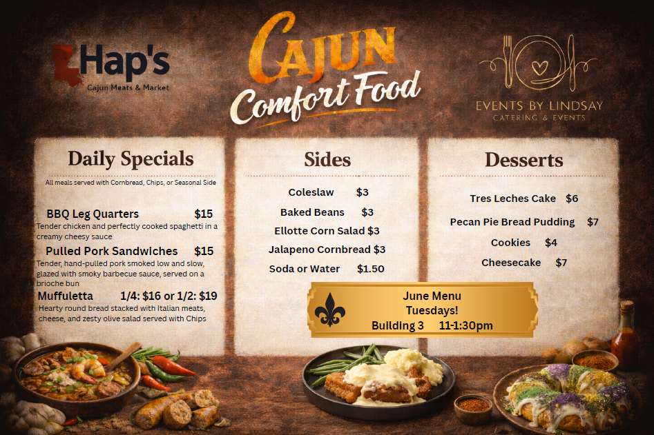 A menu for Hap's Cajun Comfort, a JSC B3 food vendor on Tuesdays.