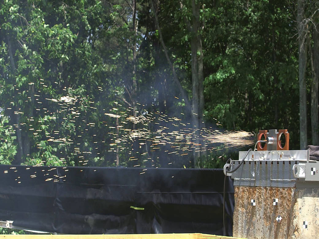 Sparks fly as a hydrogen burn-off igniter test is conducted May 5 at the Redstone Test Center on Redstone Arsenal in Huntsville.