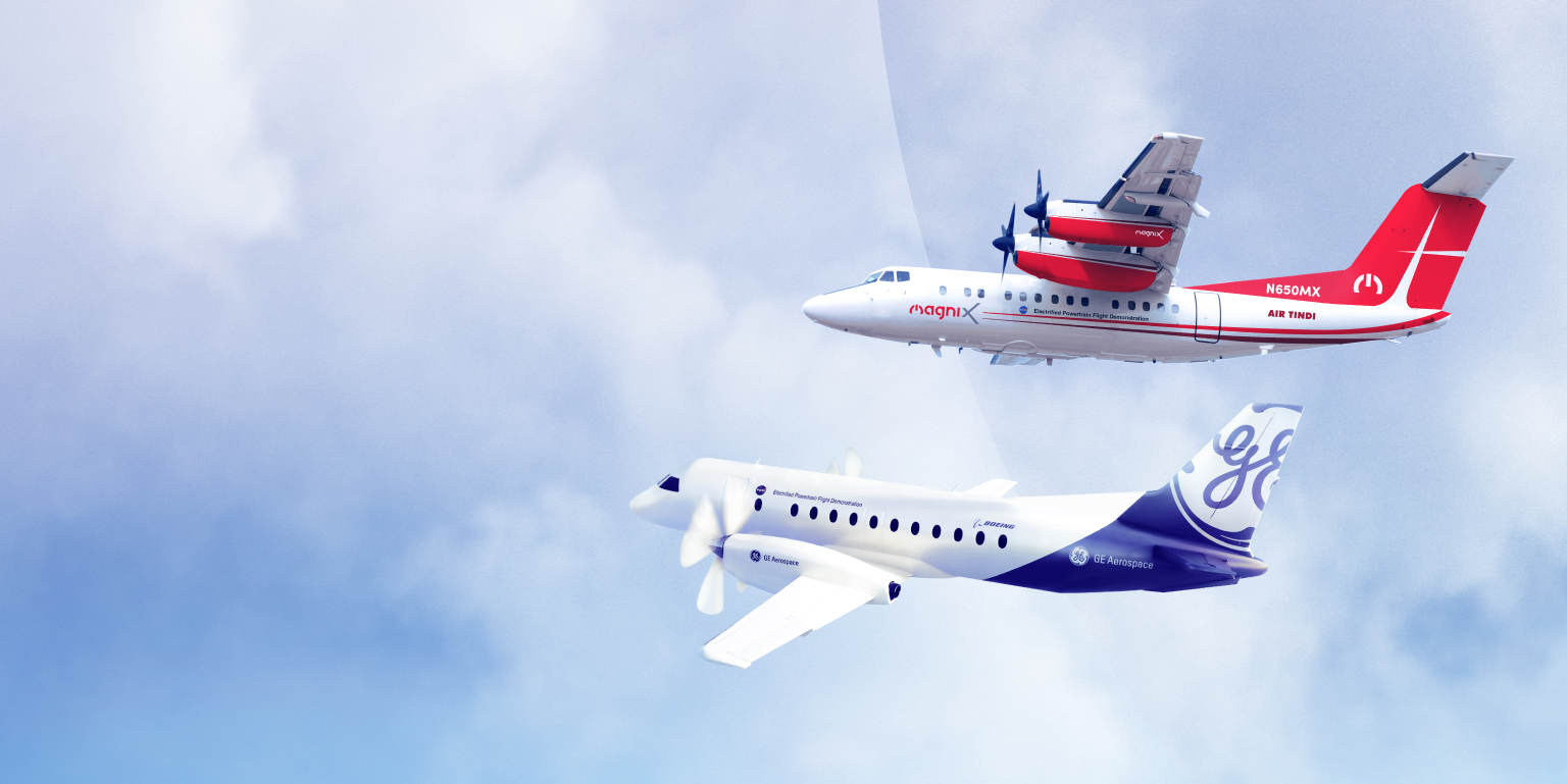 Artist concept of magniX's Dash-7 and Ge Aerospace's Saab340-B flying through the air
