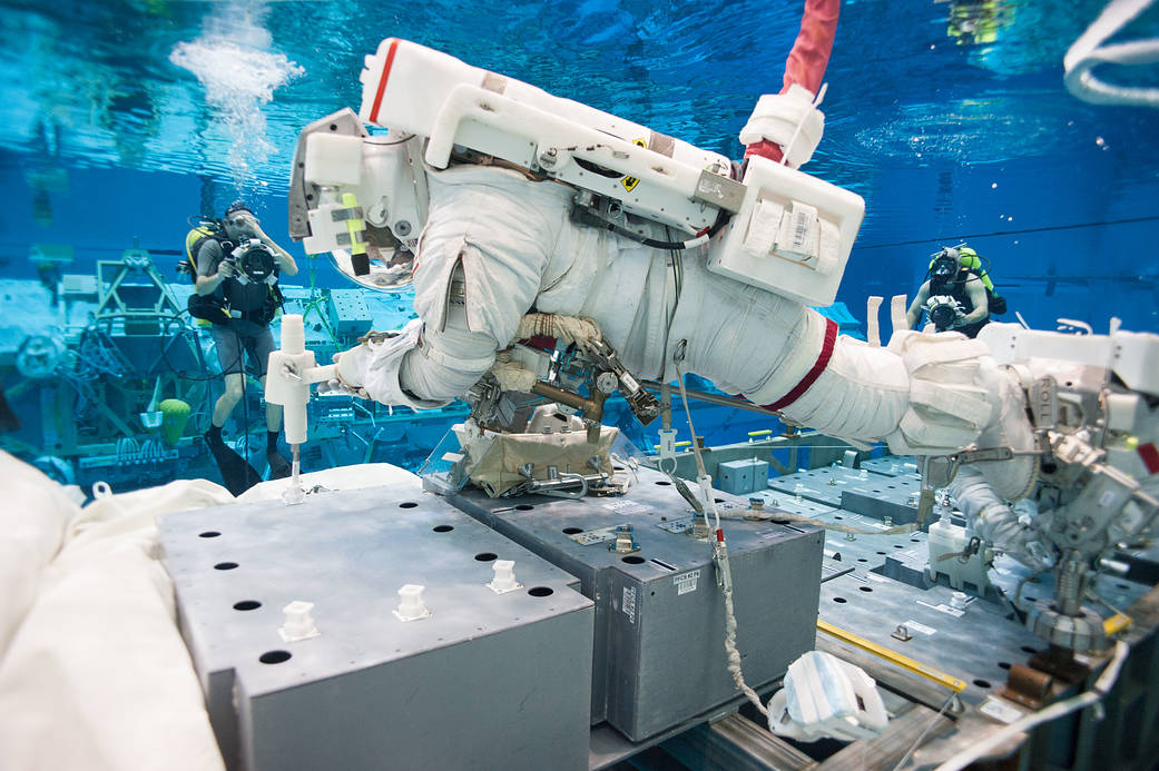 NASA astronaut Terry Virts simulates extravehicular activity in the Johnson Space Center's Neutral Buoyancy Laboratory.